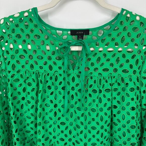 J. Crew Tiered Top in Embroidered Eyelet L Sheer Long Sleeves AM637 Green - Picture 9 of 9
